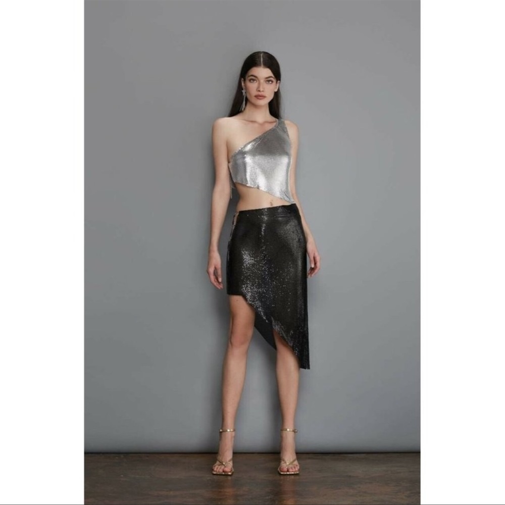 🌹Bronx and Banco Xenia one shoulder dress Silver Black Metal party S